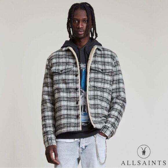 All Saints **NWT** Anvik Sherpa-Lined Wool Blend Check Plaid Jacket Light Grey - Picture 8 of 14